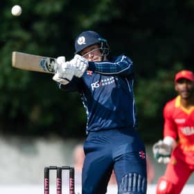 Scotland's Richie Berrington racked up 82 runs during the T20 match against Zimbabwe at The Grange (Photo by Ross Parker / SNS Group)