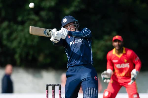 Scotland's Richie Berrington racked up 82 runs during the T20 match against Zimbabwe at The Grange (Photo by Ross Parker / SNS Group)