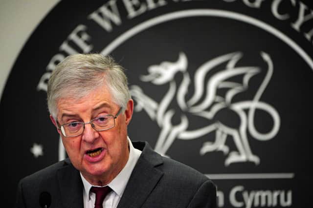 First Minister Mark Drakeford speaks during a Welsh Government press conference at the Crown Buildings, Cathay Park in Cardiff, setting out coronavirus restrictions for Wales.