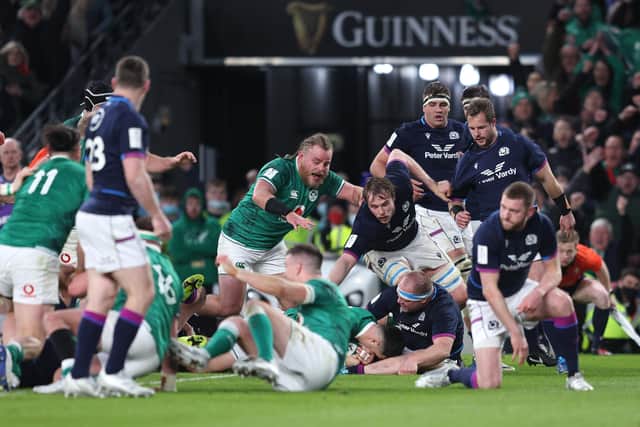 Scotland are unable to prevent Conor Murray going over for Ireland's fourth try in the 26-5 win at the Aviva Stadium. (Photo by Richard Heathcote/Getty Images)