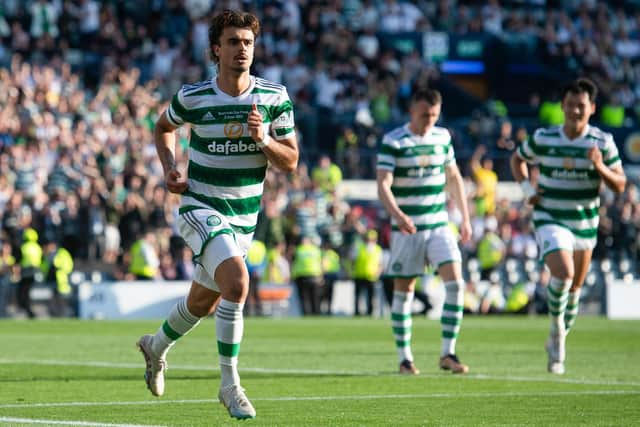 Celtic's Jota celebrates making it 3-1 during a Scottish Cup final against Inverness Caledonian Thistle.