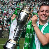 Celtic's Amy Gallacher celebrates with the SWPL Trophy.  (Photo by Ross MacDonald / SNS Group)