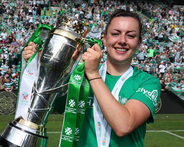 Celtic's Amy Gallacher celebrates with the SWPL Trophy.  (Photo by Ross MacDonald / SNS Group)