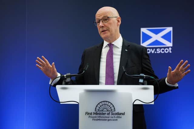 First Minister John Swinney during his speech on national renewal and prevention, at the Imaging Centre of Excellence (ICE) at Queen Elizabeth University Hospital, Glasgow. Photo: Robert Perry/PA Wire
