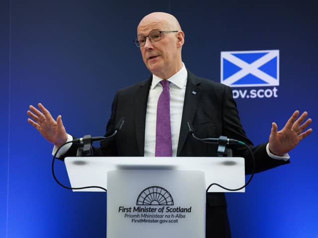 First Minister John Swinney during his speech on national renewal and prevention, at the Imaging Centre of Excellence (ICE) at Queen Elizabeth University Hospital, Glasgow. Photo: Robert Perry/PA Wire