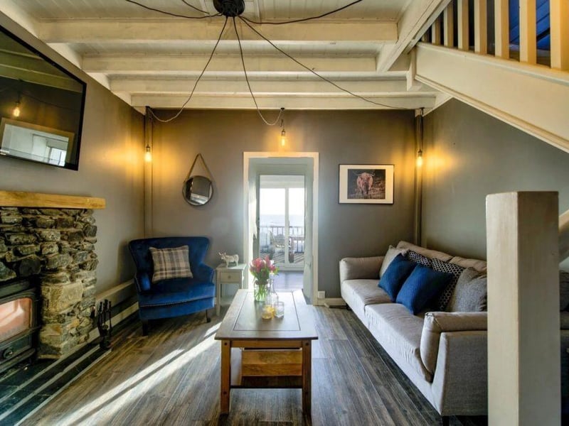 The comfortable living room has a log burned to keep things cozy.