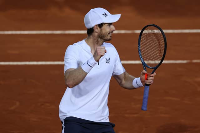 Andy Murray celebrates winning match point with Liam Broady against Max Purcell and Luke Saville, both of Australia, in Rome. Picture: Clive Brunskill/Getty Images