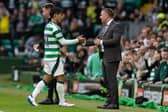 Celtic's Reo Hatate gets a handshake from Brendan Rodgers following his late substitution in the 4-0 win over Kilmarnock. (Photo by Craig Williamson / SNS Group)