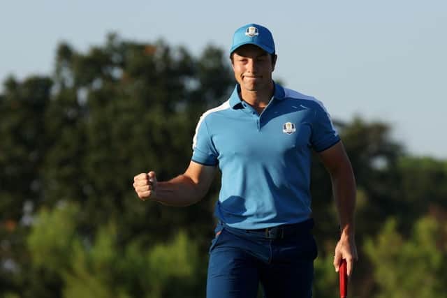 Viktor Hovland of Team Europe celebrates on the second green during the Friday morning foursomes at Marco Simone Golf Club in Rome. Picture: Patrick Smith/Getty Images.