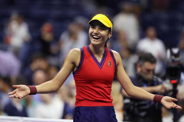 Emma Raducanu of Great Britain celebrates defeating Maria Sakkari of Greece at the US Open.