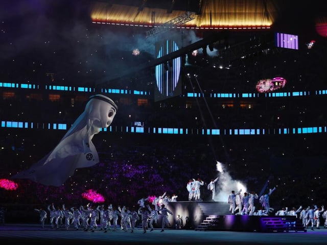 Qatar World Cup mascot La'eeb arrives in the stadium.