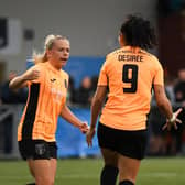 Glasgow City's Amy Muir (L) celebrates with Desiree Monsivais (R) as Glasgow City equalise against AS Roma (Photo by Ross MacDonald / SNS Group)
