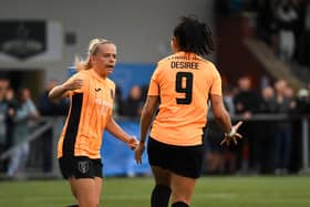 Glasgow City's Amy Muir (L) celebrates with Desiree Monsivais (R) as Glasgow City equalise against AS Roma (Photo by Ross MacDonald / SNS Group)