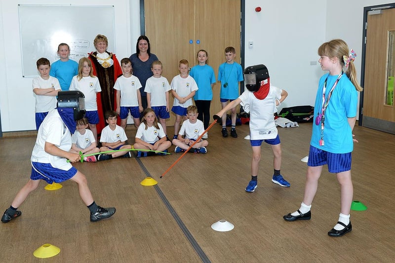 What a display by Year 3 fencers in 2017. The Mayor of Sunderland councillor Doris MacKnight was among those looking on in Shiney Row Primary School.