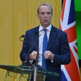 Foreign secretary Dominic Raab speaks during a press conference along with Pakistan's foreign minister Shah Mahmood Qureshi (not pictured) after their meeting in Islamabad. Picture: Farooq Naeem/AFP via Getty Images