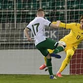 Ross Tierney of Republic of Ireland sees his shot saved by Marco Carnesecchi of Italy during the UEFA European U21 Championship Qualifier between Republic of Ireland and Italy at Tallaght Stadium on November 12, 2021 in Tallaght, Ireland. (Photo by Charles McQuillan/Getty Images)