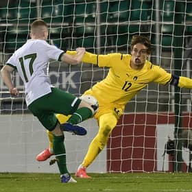 Ross Tierney of Republic of Ireland sees his shot saved by Marco Carnesecchi of Italy during the UEFA European U21 Championship Qualifier between Republic of Ireland and Italy at Tallaght Stadium on November 12, 2021 in Tallaght, Ireland. (Photo by Charles McQuillan/Getty Images)