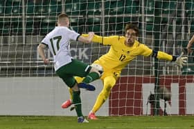 Ross Tierney of Republic of Ireland sees his shot saved by Marco Carnesecchi of Italy during the UEFA European U21 Championship Qualifier between Republic of Ireland and Italy at Tallaght Stadium on November 12, 2021 in Tallaght, Ireland. (Photo by Charles McQuillan/Getty Images)