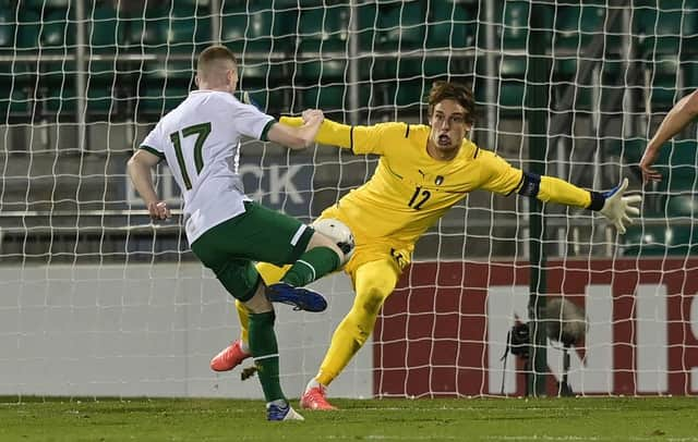 Ross Tierney of Republic of Ireland sees his shot saved by Marco Carnesecchi of Italy during the UEFA European U21 Championship Qualifier between Republic of Ireland and Italy at Tallaght Stadium on November 12, 2021 in Tallaght, Ireland. (Photo by Charles McQuillan/Getty Images)