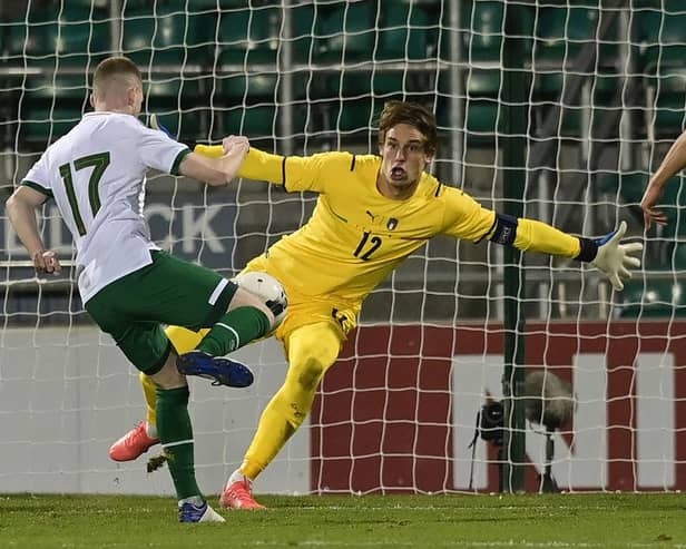 Ross Tierney of Republic of Ireland sees his shot saved by Marco Carnesecchi of Italy during the UEFA European U21 Championship Qualifier between Republic of Ireland and Italy at Tallaght Stadium on November 12, 2021 in Tallaght, Ireland. (Photo by Charles McQuillan/Getty Images)