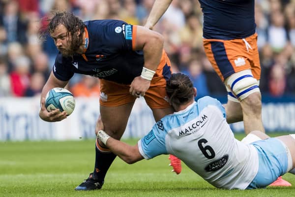 Pierre Schoeman (left) in typically combative action for Edinburgh during the win over Glasgow Warriors at BT Murrayfield.  (Photo by Ross Parker / SNS Group)