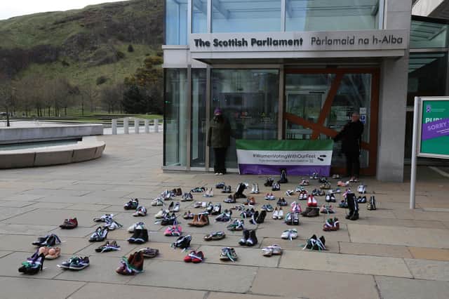 An installation of women's shoes outside the Scottish Parliament by a new feminist group aims to highlight women's issues to the political parties. (Picture: Sole Sisters)