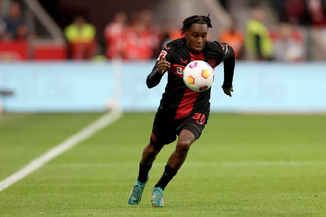 Jeremie Frimpong could net former club Celtic a huge sell-on fee this summer amid rumours of a £35m transfer from Bayer Leverkusen to Manchester United. (Photo by Lars Baron/Getty Images)