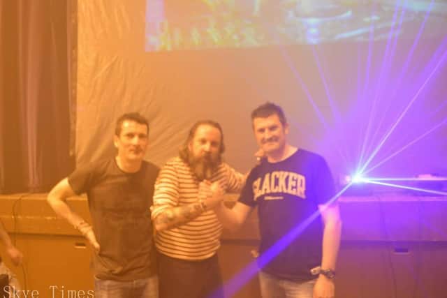 Legendary DJ and producer Andrew Weatherall with Ali MacLennan and Ali MacIsaac at Broadford Village Hall in 2014. PIC: Contributed.