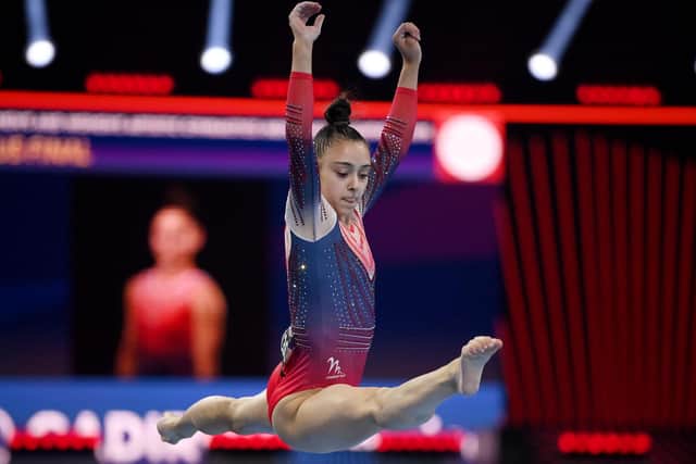 Jessica Gadirova competing in the floor final at the European Championships in April. Picture: Matthias Hangst/Getty