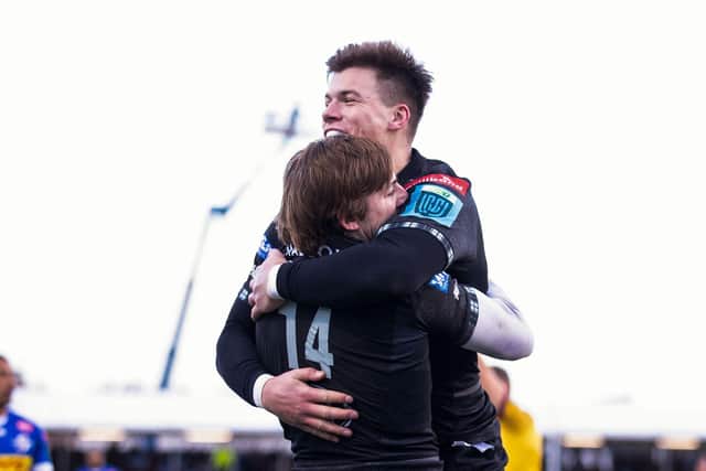 Warriors' Huw Jones and Seb Cancelliere celebrate against the Stormers at Scotstoun. (Photo by Craig Williamson / SNS Group)