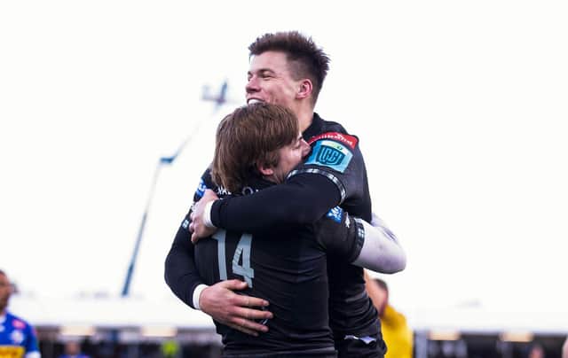 Warriors' Huw Jones and Seb Cancelliere celebrate against the Stormers at Scotstoun. (Photo by Craig Williamson / SNS Group)