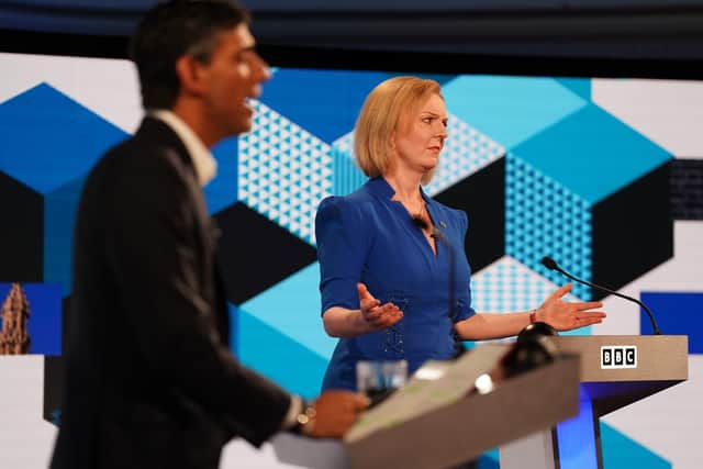 Rishi Sunak and Liz Truss taking part in the BBC Tory leadership debate live. Picture: Jacob King/PA Wire