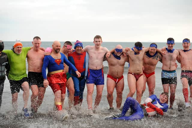 Members of Kirkcaldy Rugby Club headed into the cold water for the 2020 loony dook. Pic: Fife Photo Agency.