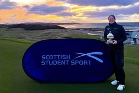 Lorna McClymont (University of Stirling) shows off her trophy after winning the Scottish Students Women's Championship at Moray. Picture: BUCS Golf