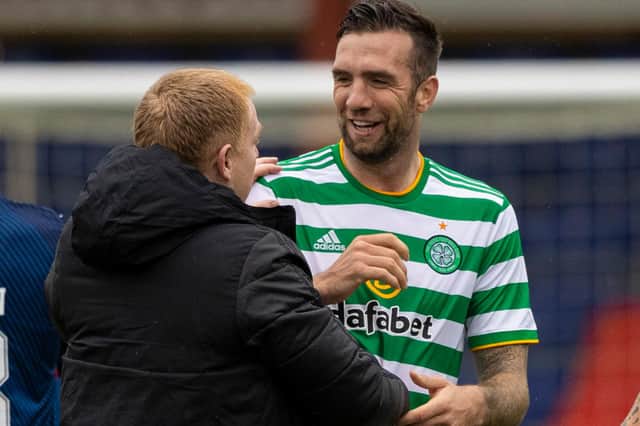 Neil Lennon congratulates Shane Duffy (right) following his scoring debut in Celtic's 5-0 win over Ross County (Photo by Craig Williamson / SNS Group)