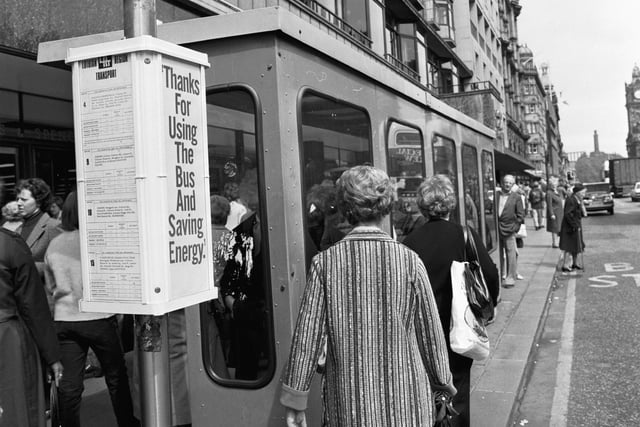 The information board at a Lothian Region Transport (LRT) bus stop in Princes Street Edinburgh, July 1980.