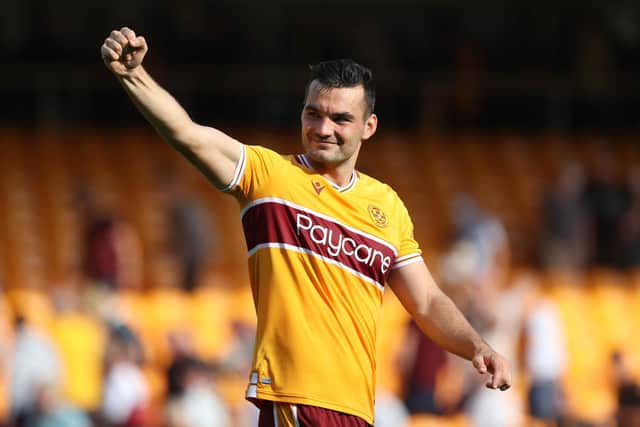 Motherwell's Tony Watt celebrates scoring one of the nine goals that have made him the  cinch Premiership's top scorer and ensure that Dundee United will have to lodge a significant bid to prize him from the Fir Park club during the transfer window. (Photo by Craig Williamson / SNS Group)