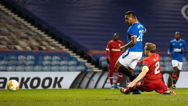 Alfredo Morelos opens the scoring for Rangers against Royal Antwerp in the ninth minute at Ibrox. (Photo by Craig Williamson / SNS Group)