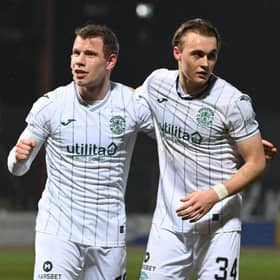 Runar Hauge (L) & Elias Melkerson make their Hibs debuts during the 0-0 draw with Dundee at Dens Park (Photo by Paul Devlin / SNS Group)