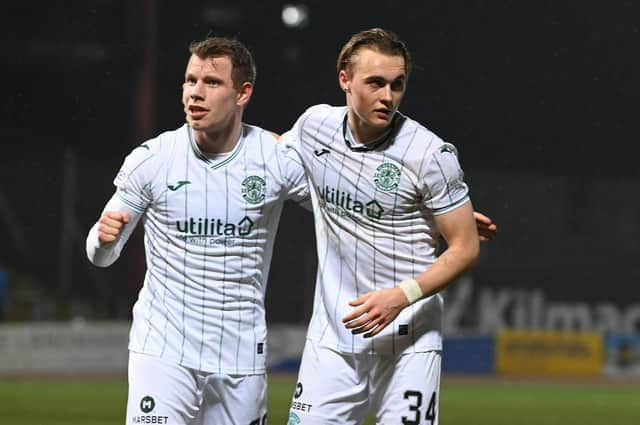 Runar Hauge (L) & Elias Melkerson make their Hibs debuts during the 0-0 draw with Dundee at Dens Park (Photo by Paul Devlin / SNS Group)