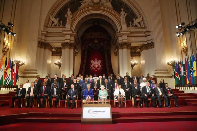 Queen Elizabeth II and other Commonwealth leaders pose for a group photograph at the formal opening of the Commonwealth Heads of Government Meeting at Buckingham Palace in 2018 (Picture: Yui Mok/WPA pool/Getty Images)