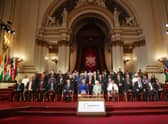 Queen Elizabeth II and other Commonwealth leaders pose for a group photograph at the formal opening of the Commonwealth Heads of Government Meeting at Buckingham Palace in 2018 (Picture: Yui Mok/WPA pool/Getty Images)