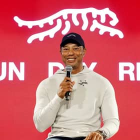 Tiger Woods speaks during the launch of the 15-time major winner and TaylorMade Golf's new apparel and footwear brand "Sun Day Red" at Palisades Village in Pacific Palisades, California. Picture: Kevork Djansezian/Getty Images.
