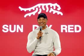 Tiger Woods speaks during the launch of the 15-time major winner and TaylorMade Golf's new apparel and footwear brand "Sun Day Red" at Palisades Village in Pacific Palisades, California. Picture: Kevork Djansezian/Getty Images.