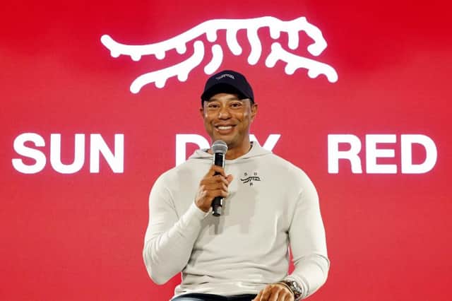 Tiger Woods speaks during the launch of the 15-time major winner and TaylorMade Golf's new apparel and footwear brand "Sun Day Red" at Palisades Village in Pacific Palisades, California. Picture: Kevork Djansezian/Getty Images.