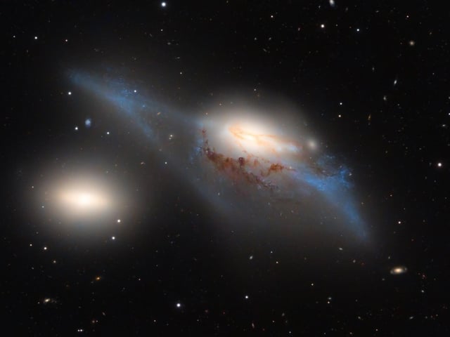 Runner-Up 
The Eyes Galaxies © Weitang Liang
The Eyes Galaxies (NGC 4438) are the famous interacting galaxies in the Virgo Cluster. They’re small and require a large telescope to reveal their many components, such as the dust in the middle and the tiny flares on the left and right. Those tiny details have rarely been revealed on other amateur images.
‘Often considered as part of the larger Markarian’s Chain group of galaxies, these two are definitely worthy of their own close-up.  This is a wonderful image, capturing the vibrancy of its targets but also managing to preserve lots of fine dusty detail along with stars and multiple other galaxies as smaller features in the background. NGC 4438, the dominant galaxy, has a wide disc distorted by gravitational interactions with other galaxies, including its companion NGC 4435. Astronomers differ even in their opinion of the galaxies’ classification and the part various physical mechanisms have played in producing what we now see. Watch this space!’ - Ed Bloomer
Taken with a ASA 1-meter Ritchey-Chretien telescope, ASA AZ1000 mount, FLI ProLine 16803 camera, 6800 mm 1 m, multiple 1,800- and 600-second exposures, 30 hours total exposure

Location: El Sauce Observatory, Río Hurtado, Chile