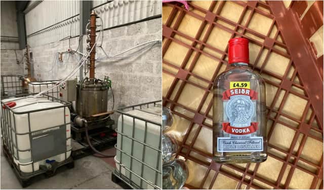 A raid on an illegal Greenock alcohol distillery found 400 litres of suspected counterfeit vodka