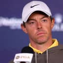 Rory McIlroy was a bit more stern-faced than usual when he spoke at a press conference prior to the 2023 PGA Championship at Oak Hill Country Club in Rochester, New York. Picture: Andrew Redington/Getty Images.