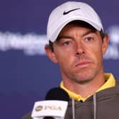 Rory McIlroy was a bit more stern-faced than usual when he spoke at a press conference prior to the 2023 PGA Championship at Oak Hill Country Club in Rochester, New York. Picture: Andrew Redington/Getty Images.