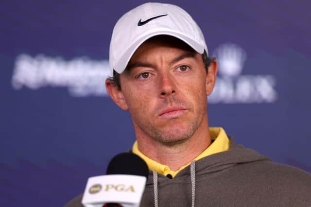 Rory McIlroy was a bit more stern-faced than usual when he spoke at a press conference prior to the 2023 PGA Championship at Oak Hill Country Club in Rochester, New York. Picture: Andrew Redington/Getty Images.
